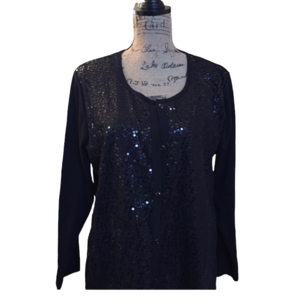 💐Quacker Factory Black Sequined Tee Shirt With Attached Sweater/Jacket